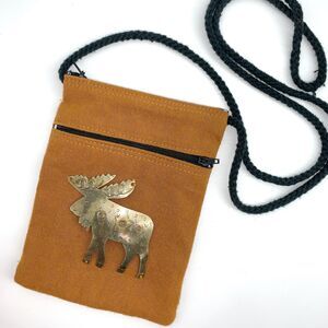 Fabric zippered crossbody bag with metal moose